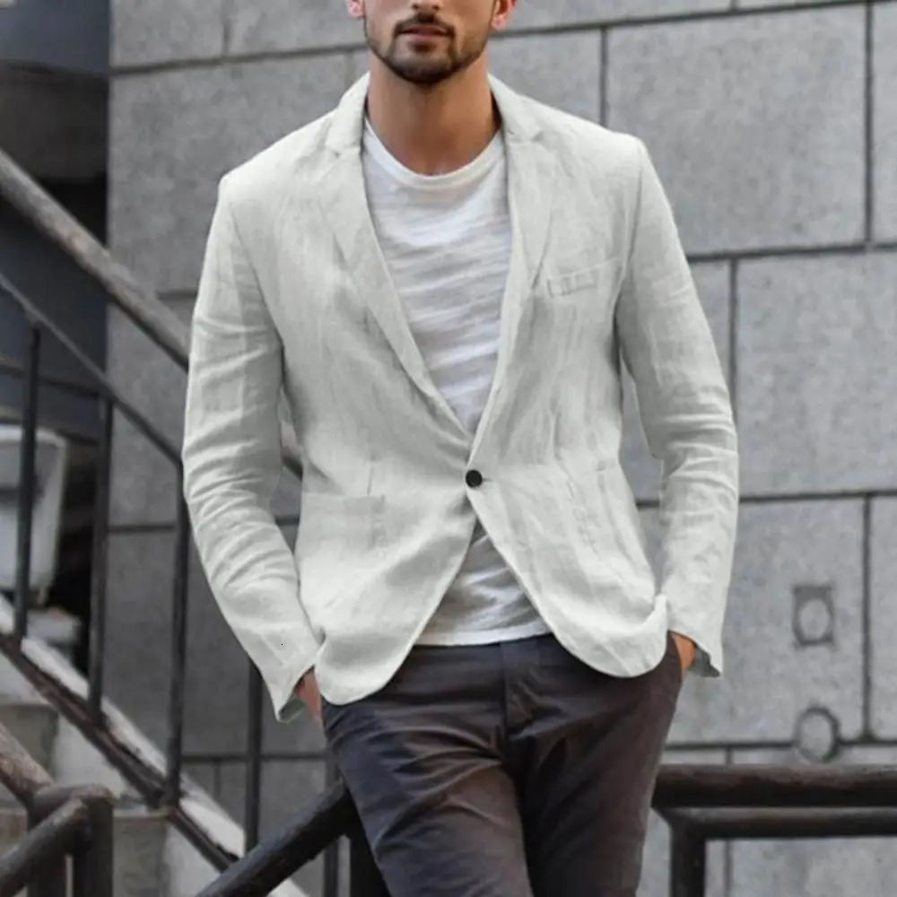 Cotton Linen Slim For Men Solid Color Long Sleeve Pockets Summer Coat Thin Male Casual Jacket Business Blazer 260611