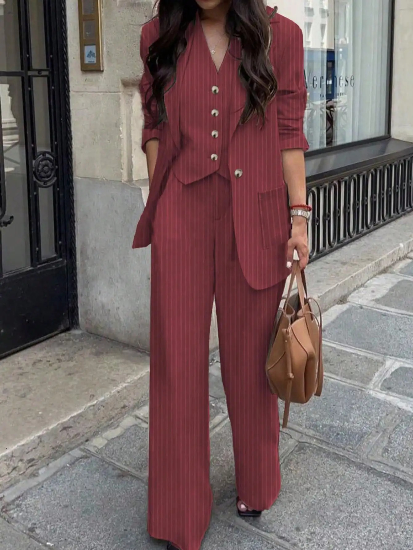 Conjunto de traje de 3 piezas para mujer, chaqueta informal a rayas, pantalones, chaleco, conjuntos de 3 piezas para primavera y verano 260611