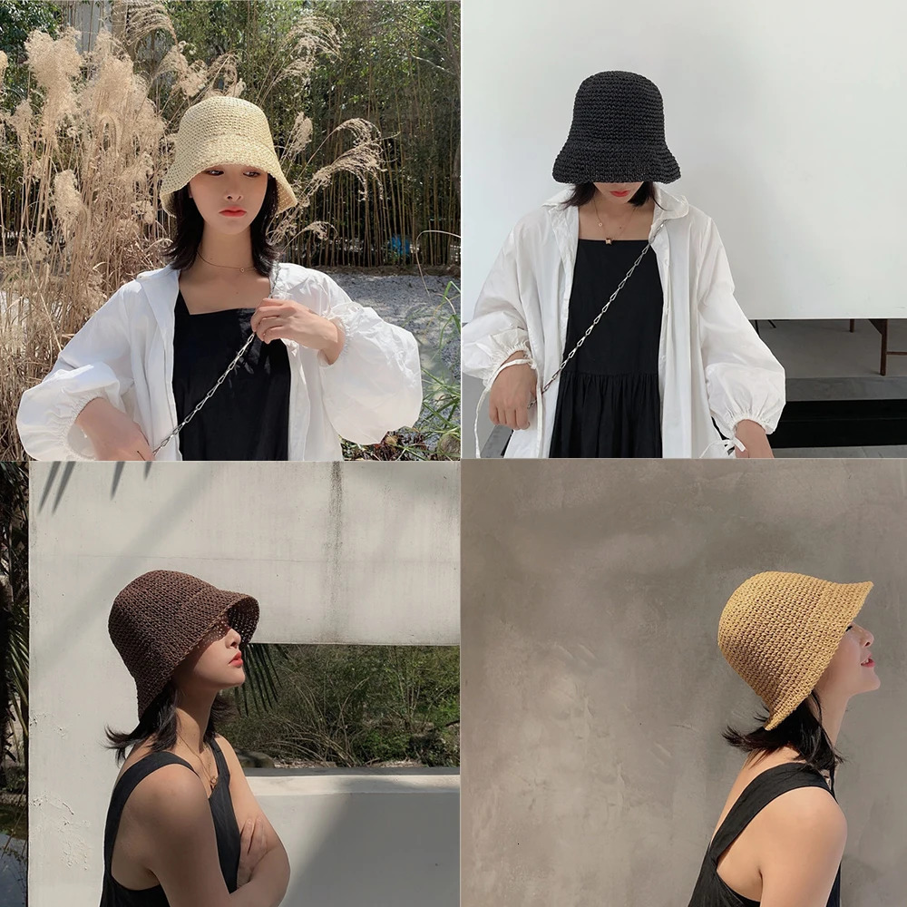 Womens Fashion Summer Cap Fisherman Hat Hand-woven Bucket Straw Beach Hat Sunscreen Hats260611