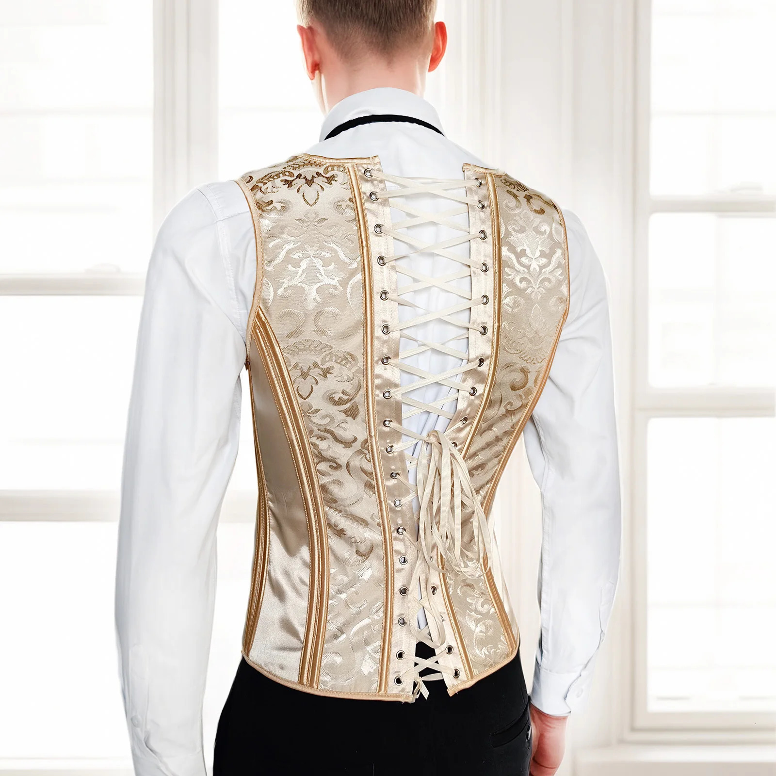 Mens Corset Vest Lace Up Bones Formal Waistcoat Beige Floral Waist Trainer Dress For Wedding Party Tight Tops 260610