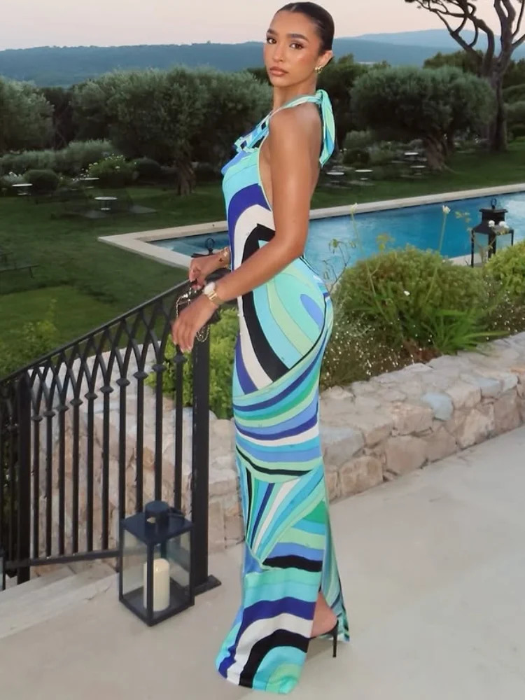 Fashion Printed Halter Long Dress for Women Elegant Sleeveless Backless Slim Bodycon Maxi Dresses Chic Summer Beach Party Robes 260612