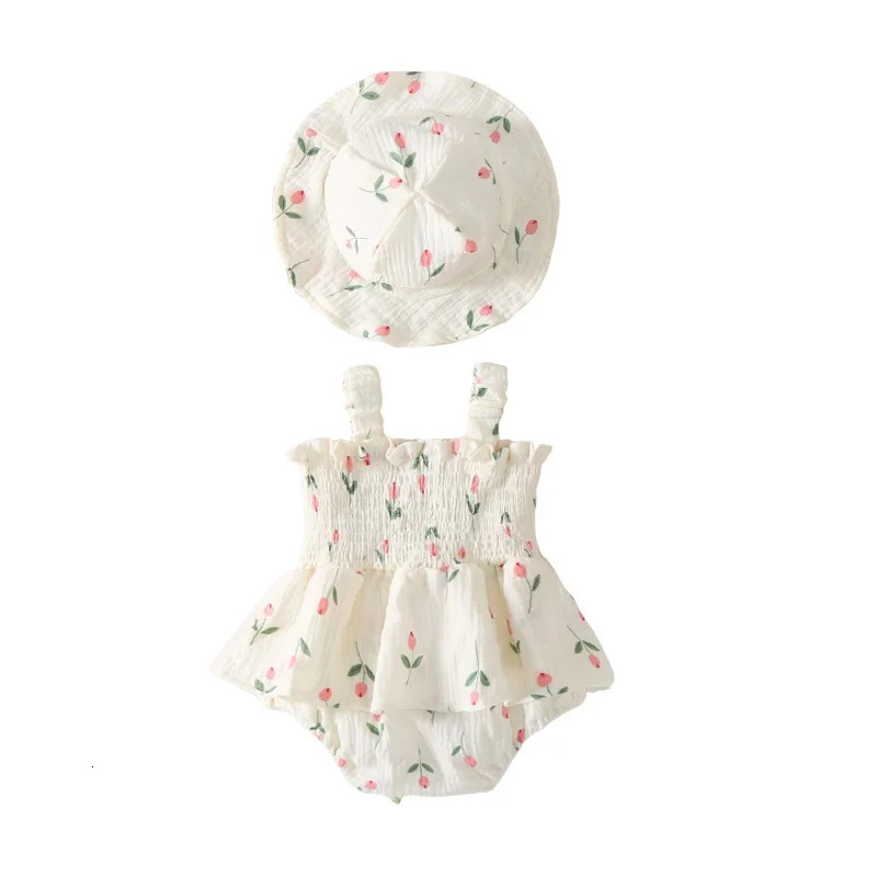 Pudcoco Baby Girl 2Pcs Summer 100 Cotton Outfits Sleeveless Floral Print Smocked Romper Dress with Sun Hat Set 318M 260612