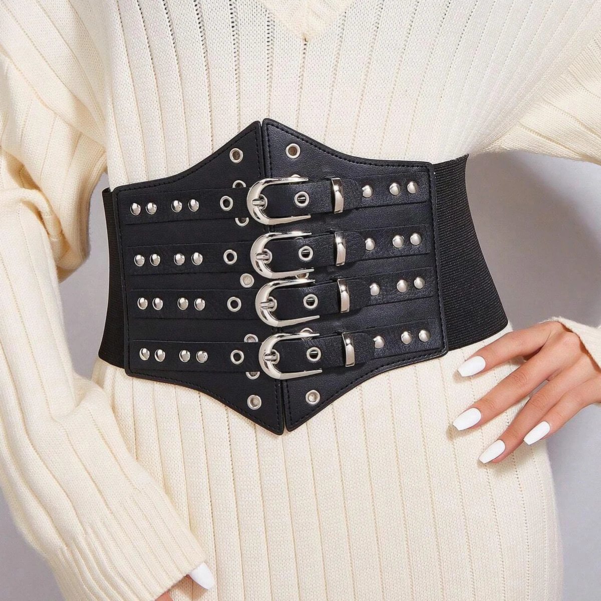 Wide Y2K Black Elastic Belts For Women High Quality Female Waist Goth Rivet Stretch Corset Belt Dress Cummerbunds Big 260612