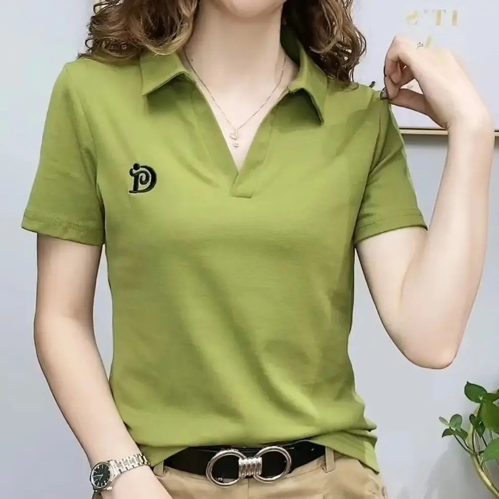 Polo T Shirt for Women Short Sleeve Summer V-neck Letter Pullover Knitted Tees Female Clothing Plus Size Ladies Tops 260610