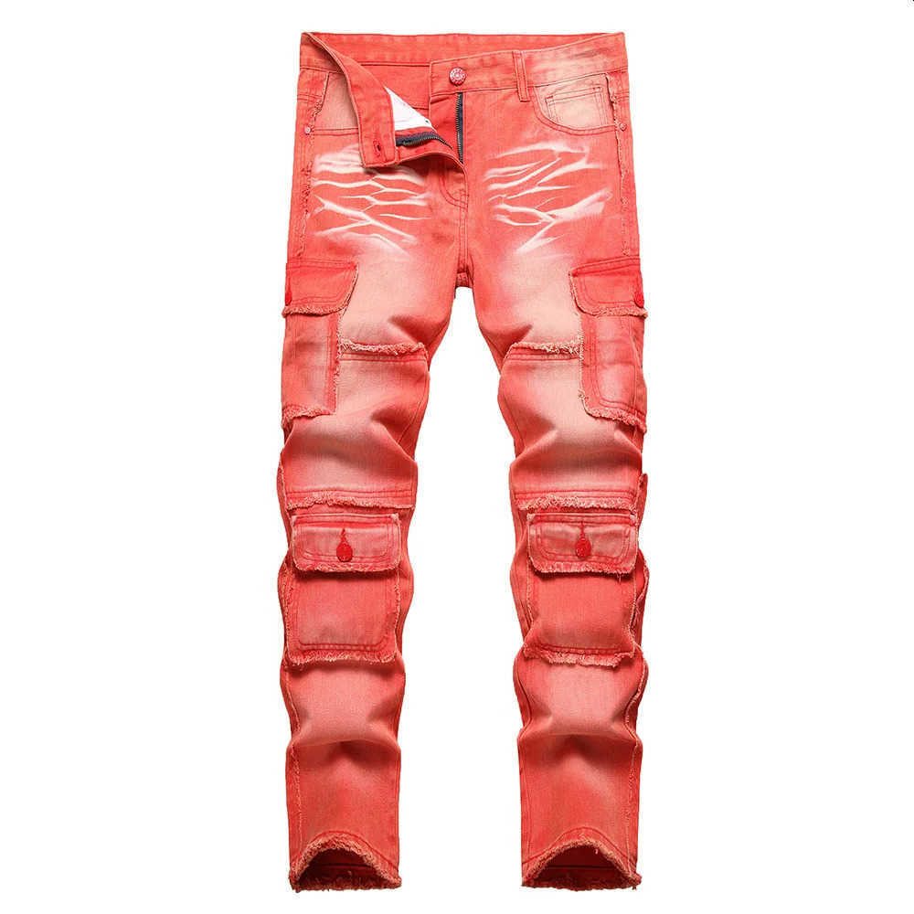 Tasche Jeans denim multi cargo Pantaloni in cotone non elasticizzato con frange rosse Pantaloni dritti slim S260612