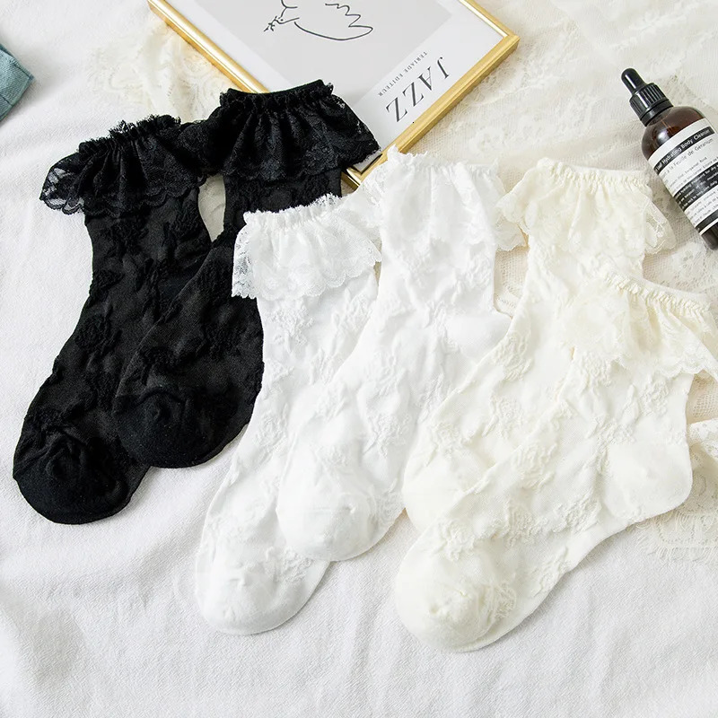 Woman Socks Lolita Style Black White Ruffle Socks Mesh Thin Lace Sweet Girls Japanese Fashion Lolita Cute Socks Calcetin Medias 260612