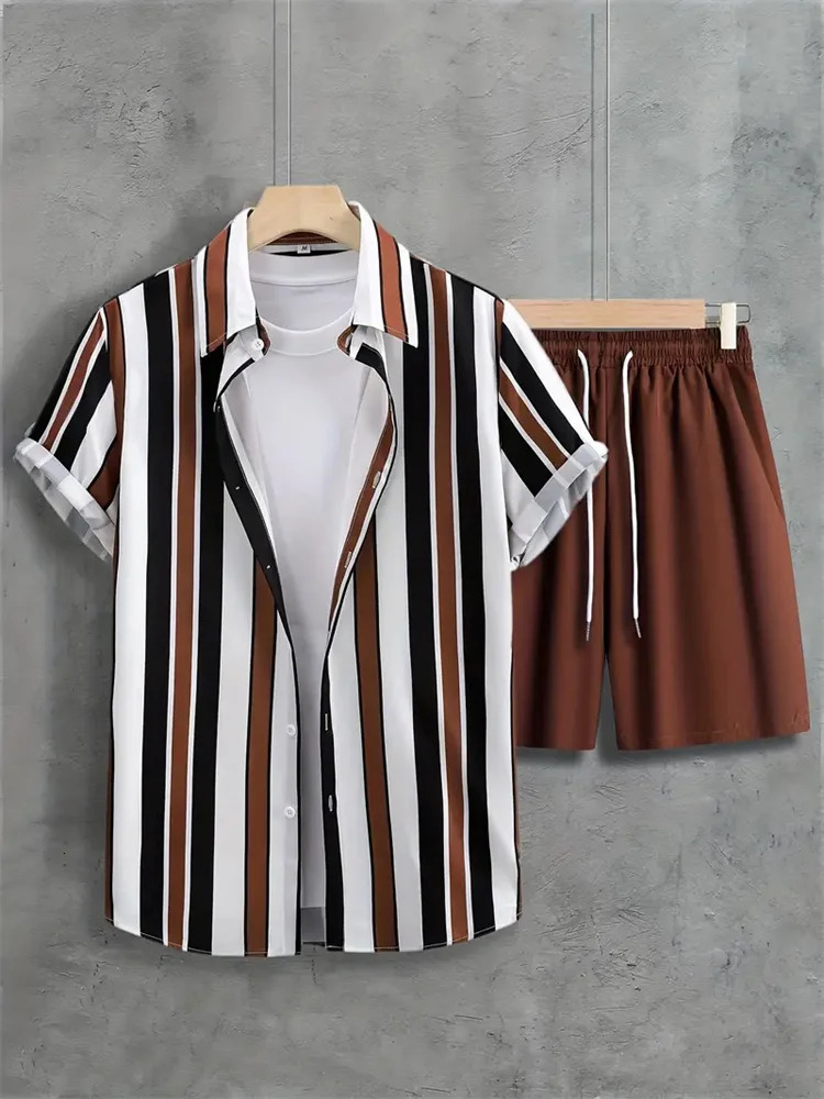 Summer Mens Casual Commuter Suit Striped Printed Shirt Short Sleeve Shorts 2Piece Hawaiian Beach Style Wear 260612