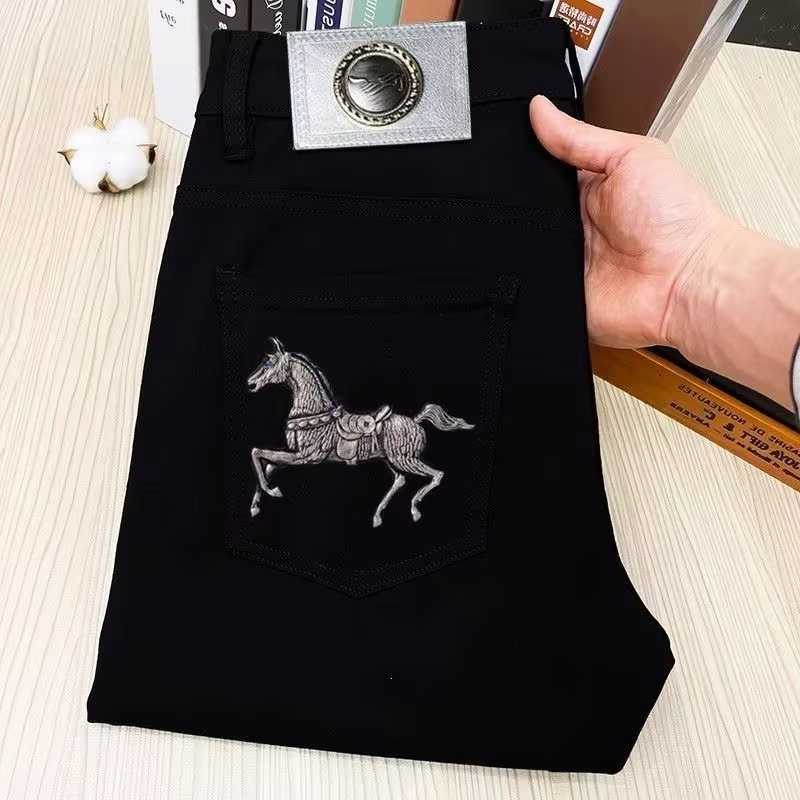 Black Designer Jeans Mens Embroidered Straight Leg Pants Cotton Elastic Slim Fit Mens Pants Summer Fashion Casual Versatile Q260612