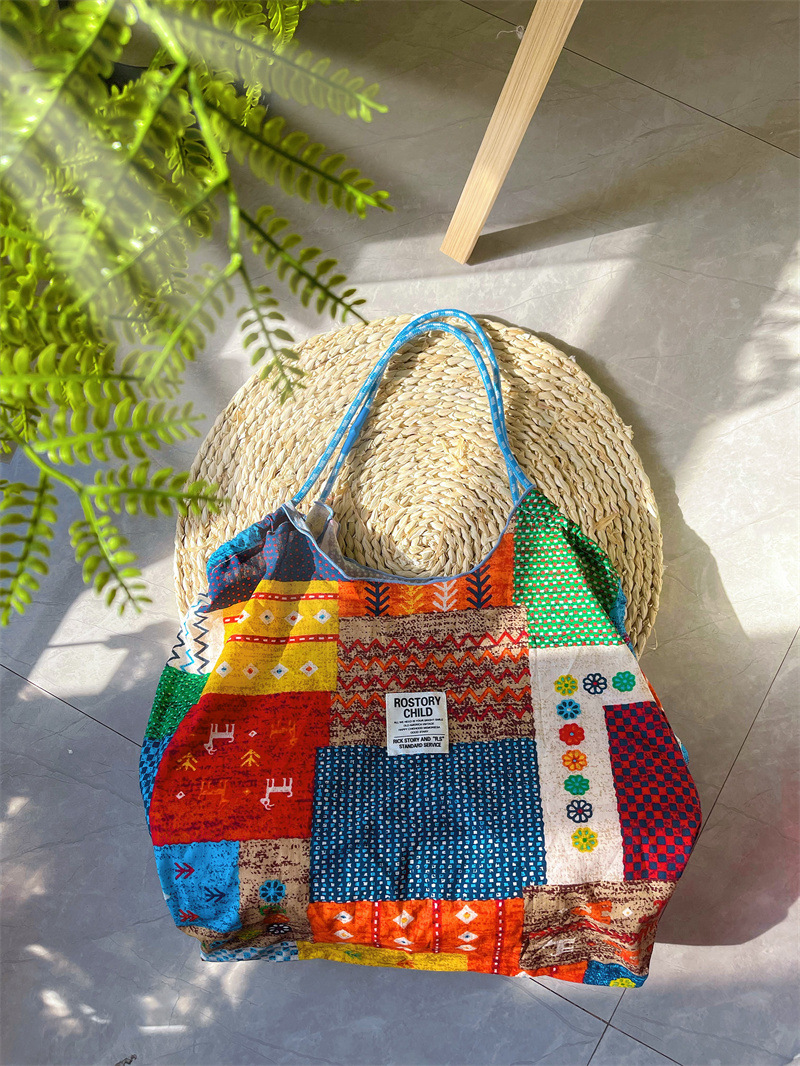 2026 Women's lazy-style tote bag with large capacity a casual shoulder bag made of printed cloth from Thailand Bangkok and Nepal for cross-bord