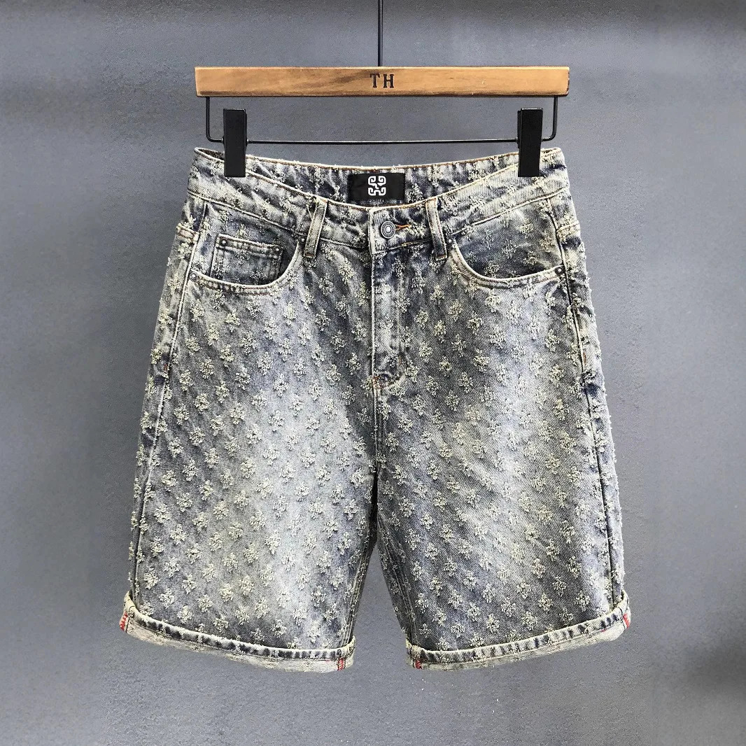 2026 Summer Mens High Street Jacquard Ripped Loose Straight Retro Fivepoint Denim Shorts 260612