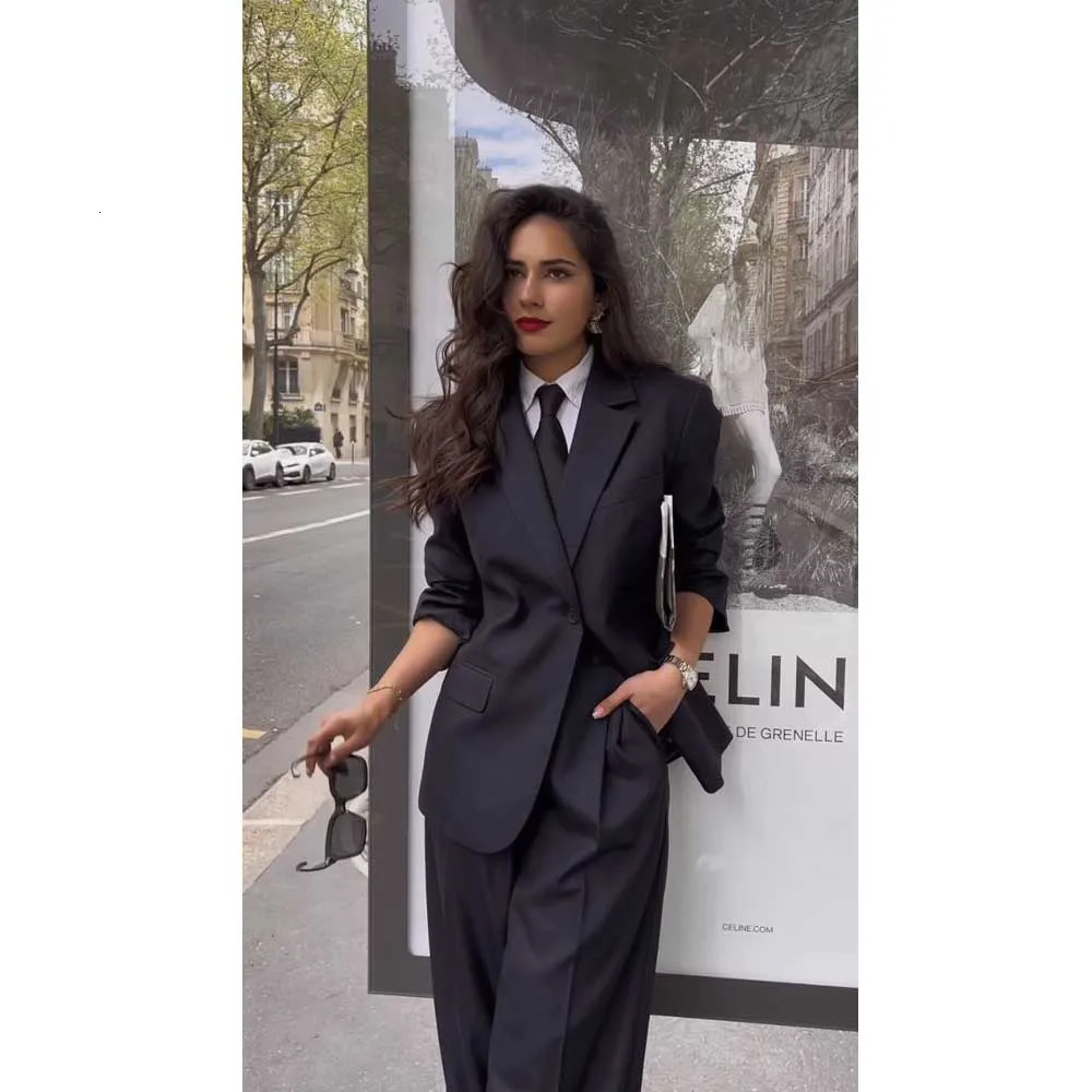 Fashion Chic Classic Black Womens Suits Notch Lapel Two Piece Jacket Pants Female Clothing Formal Office Lady Blazers Sets 260610