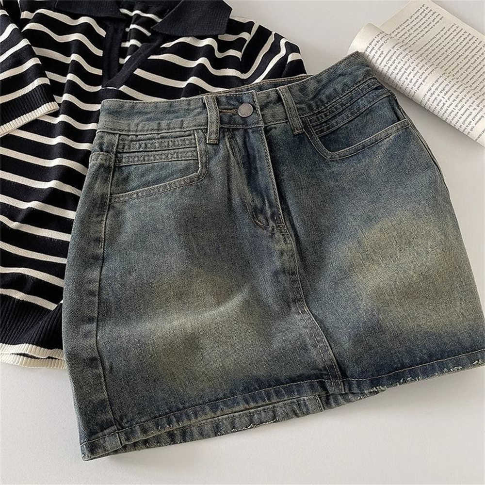 Women New 2024 High Spring Belt Anti-exposure Shortdress Retro Dark Fashion Solid color Short A Word Denim Skirt M260612