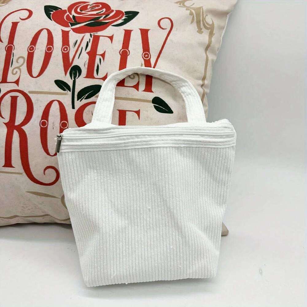 1PC White Corduroy Canvas Bag - Korean Literary Minimalist Clutch, Forest-Style Large-Capacity Handbag