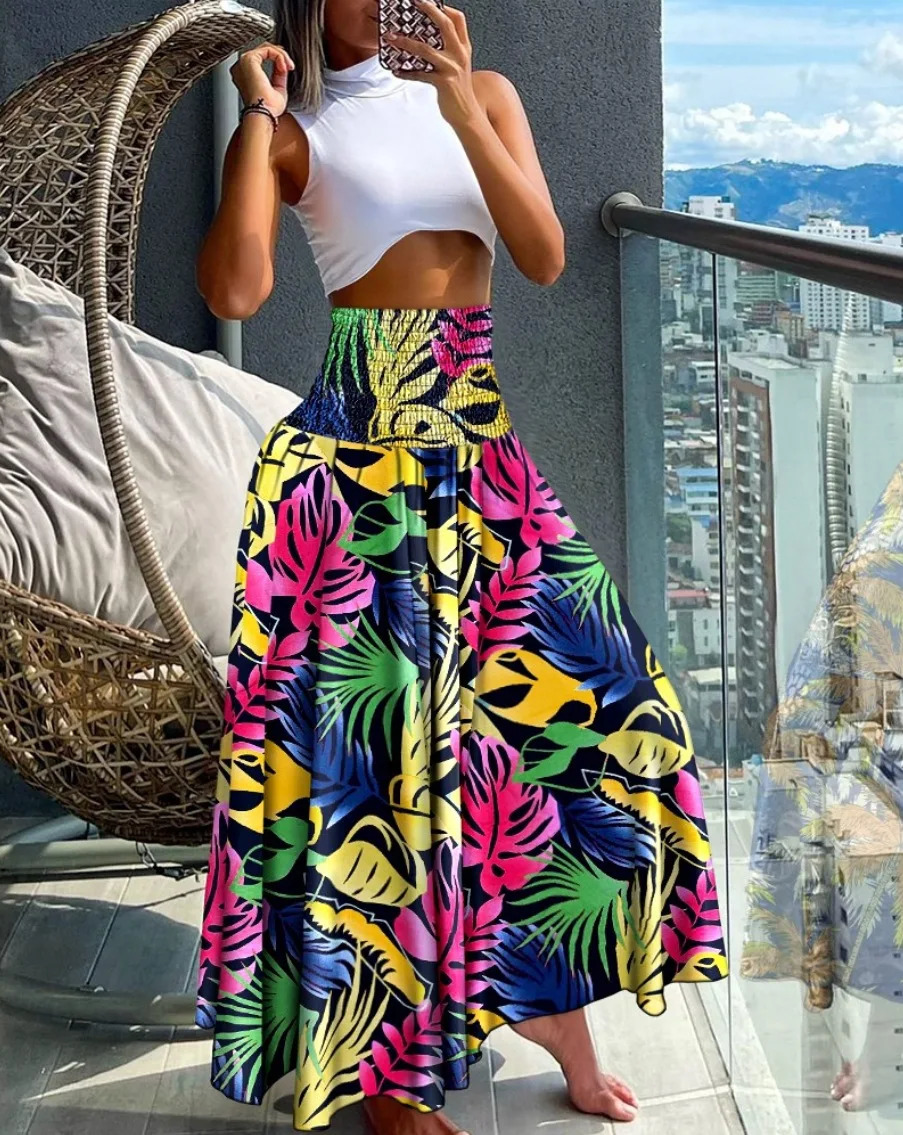 Women's High Waist Elastic Waistband Long Skirt Bohemian Style Geometric Print Flowy Maxi Summer Beach 260603