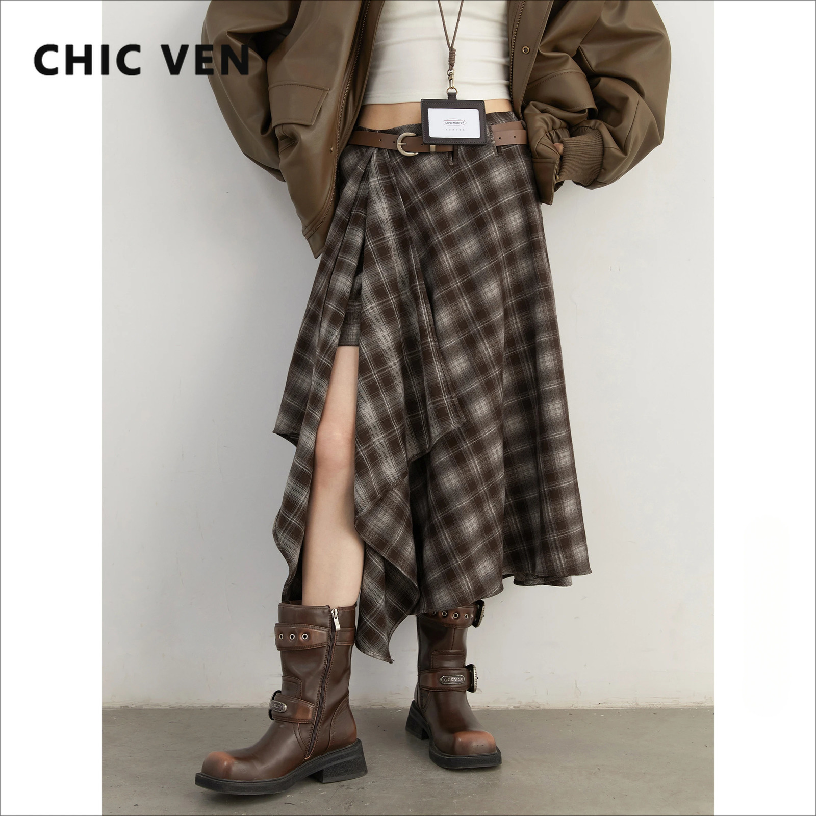 CHIC VEN Women Skirts A Line Retro Loose High Waist Irregular Color Plaid Frosted Half Body Long Ladies Skirt Autumn Winter 2026 260609