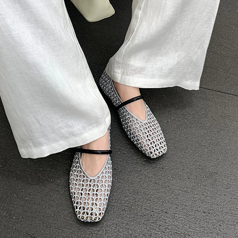 Summer Womens Hollow-out Woven Fishnet Flat Sandals Comfortable Slip-on Lightweight Sandals Fashionable Mary Jane Shoes 260612