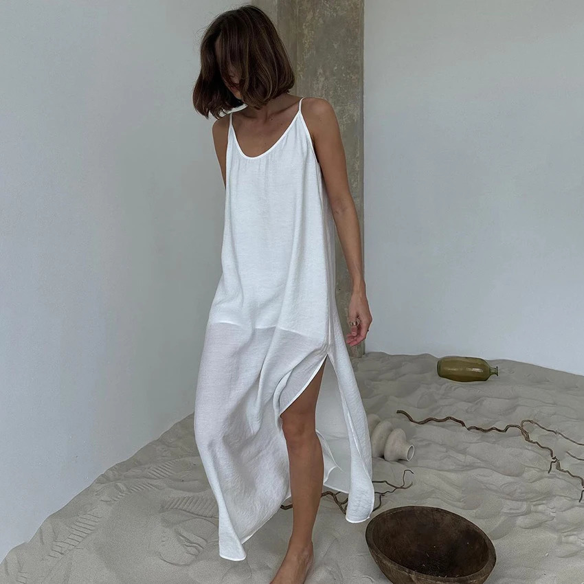 HiLoc Abito lungo bianco allentato casual Abito estivo con scollo a V Abiti per donna Primavera senza maniche Abiti dritti Camicia da notte 260611