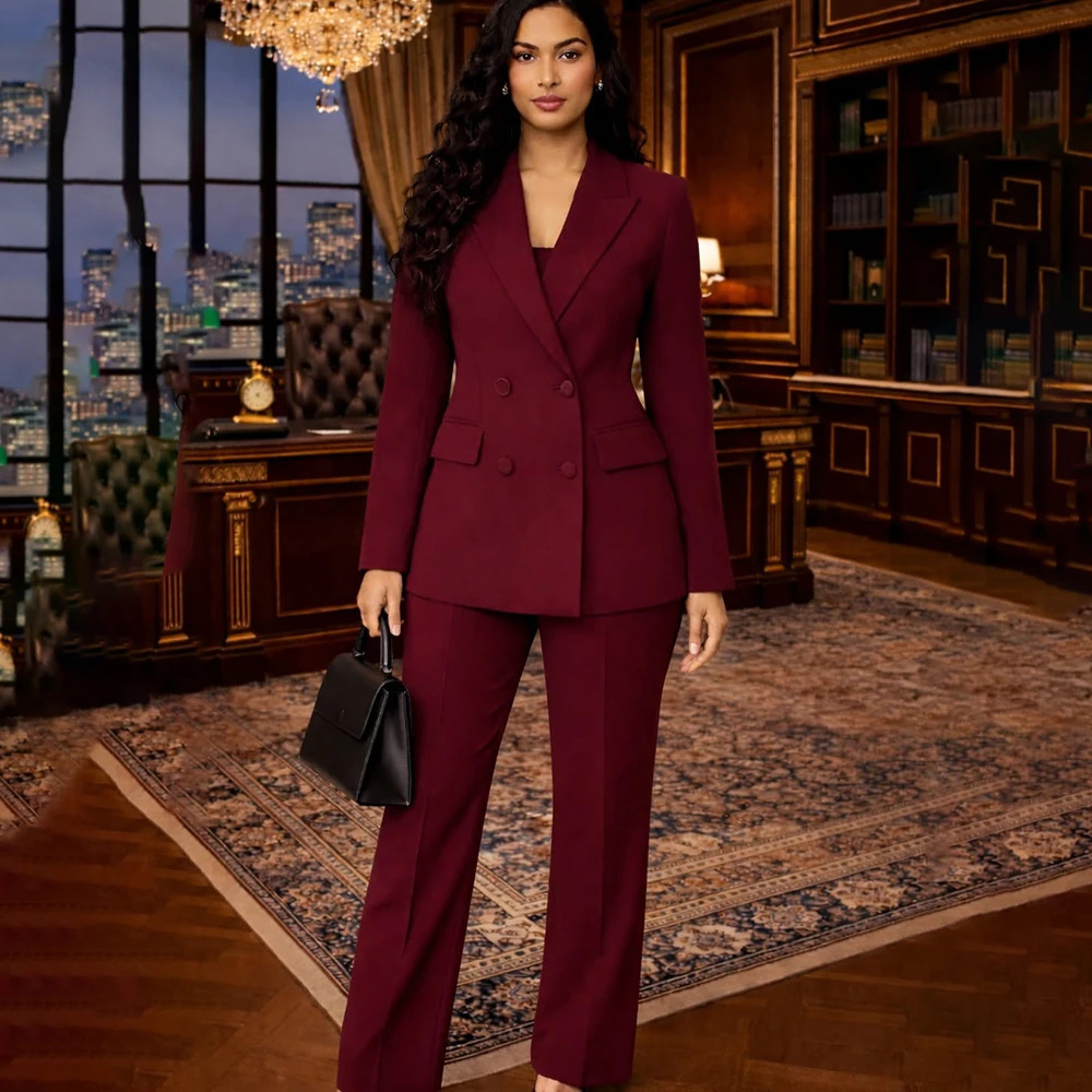 Burgundy Womens Suits Fashion Double Breasted Blazer High Quality 2 Piece Jacket Pants Outfits Customzied Female Clothing 260610