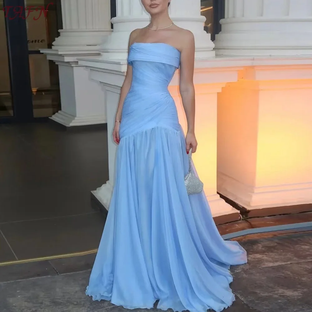 Elegant Sky Blue A-line Evening Celebrity Dress Strapless Pleats Long Chiffon Formal Prom Party Gowns Robe De Soriee