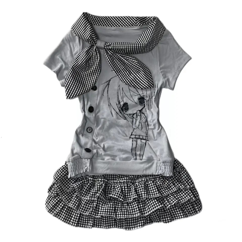 Y2k Japanese Style Kawaii 2 Piece Skirt Sets 2000s Bow Print Sailor Collor Slim Tees Cake Mini Skirts Harajuku Vintage Suits 260611