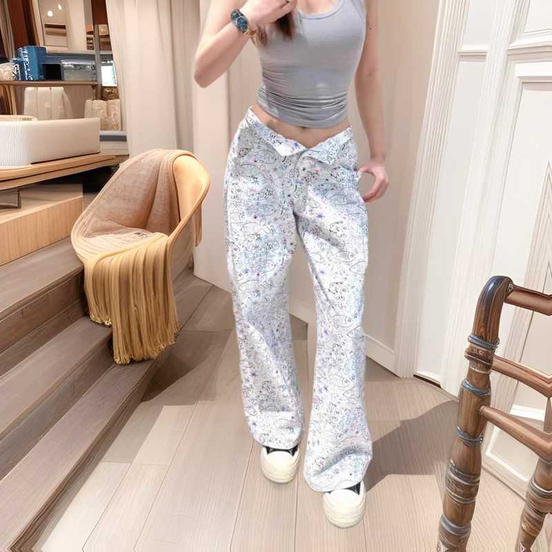 Designer Women's Jeans woman Clothing Spring High-Waisted Straight-Leg Jeans for Women with Graffiti Print, Wide-Leg Long Pants, Multi-Fish Sty