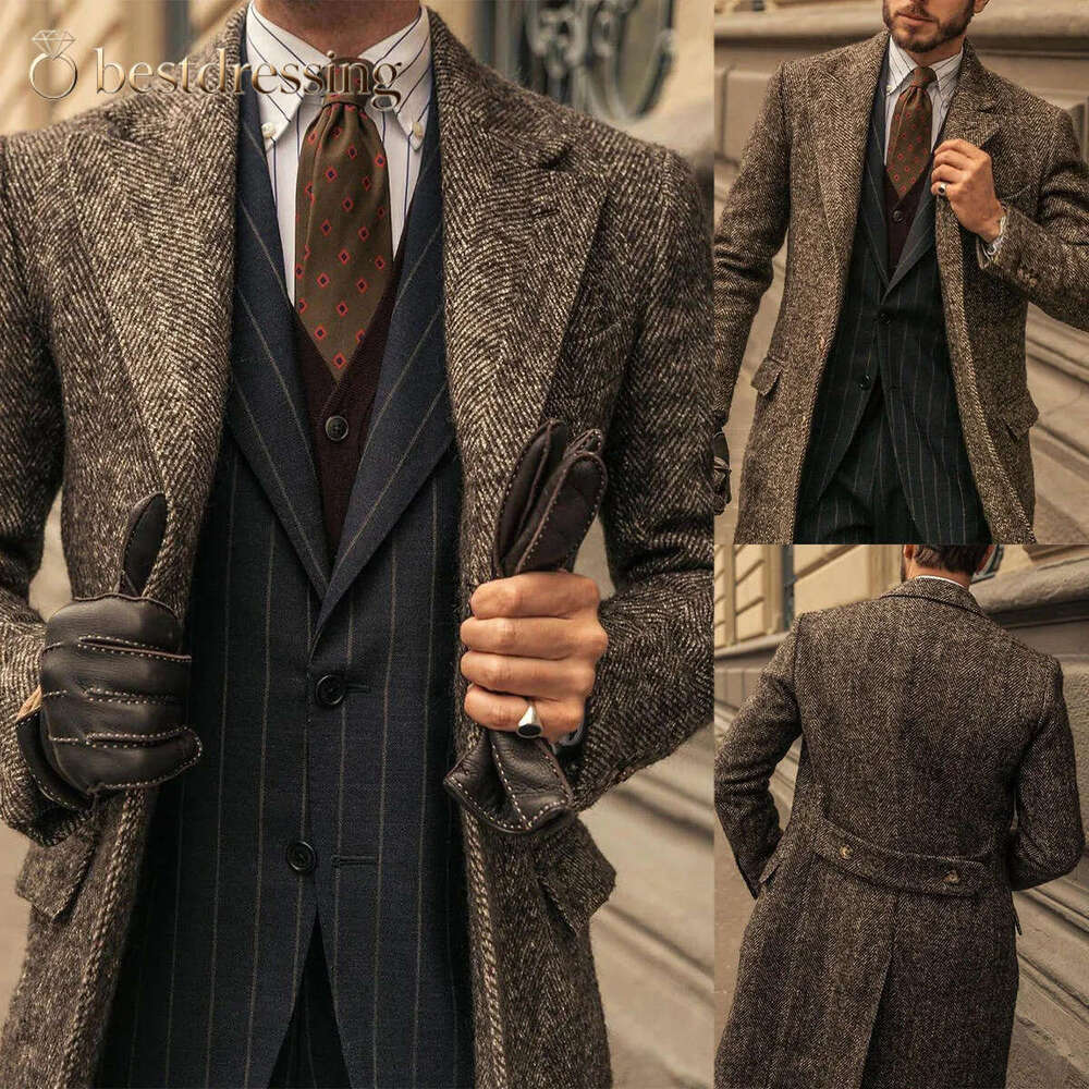 Casual Men Suits Thick Wool Custom Made Three Button Tuxedos Peaked Lapel Blazer Back Vent Business High Quality Popular Cheap Price Long Coat C517