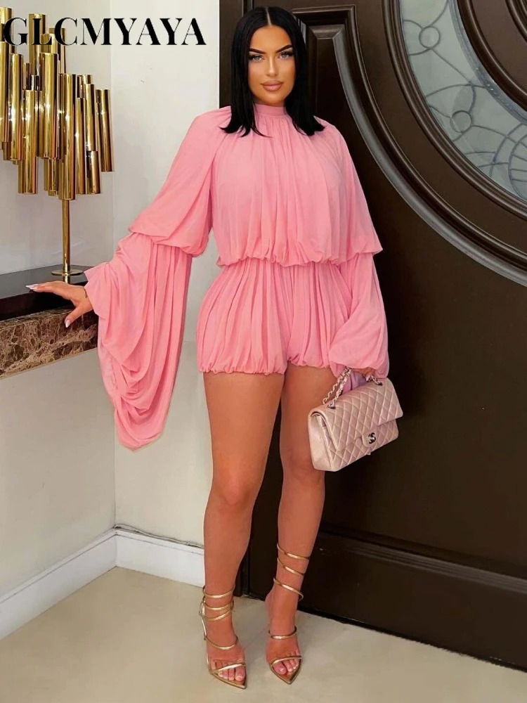 CMYAYA Womens Set Lantern Long Sleeve Tops and Bubble Ruffles Shorts Suit Summer Street Ruched Two 2 Piece Sets Outfit 260611