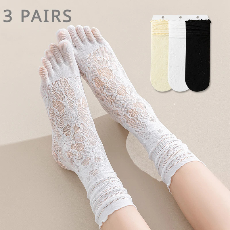 3 Pairs Lace Toe Socks Women Summer Hollow Out Mesh Five Finger High Tube Cotton with With Separate Fingers 260611