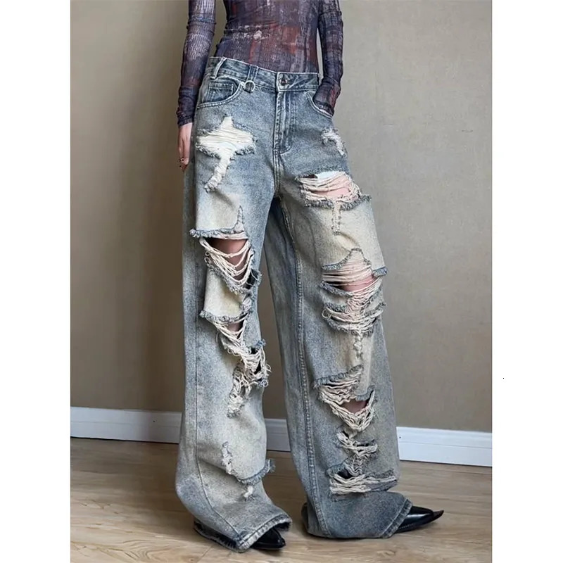Womens Jeans High Waist Vintage Straight Y2K Summer Denim Pants Streetwear American Style Ripped Wide Leg Baggy Trouser 260608
