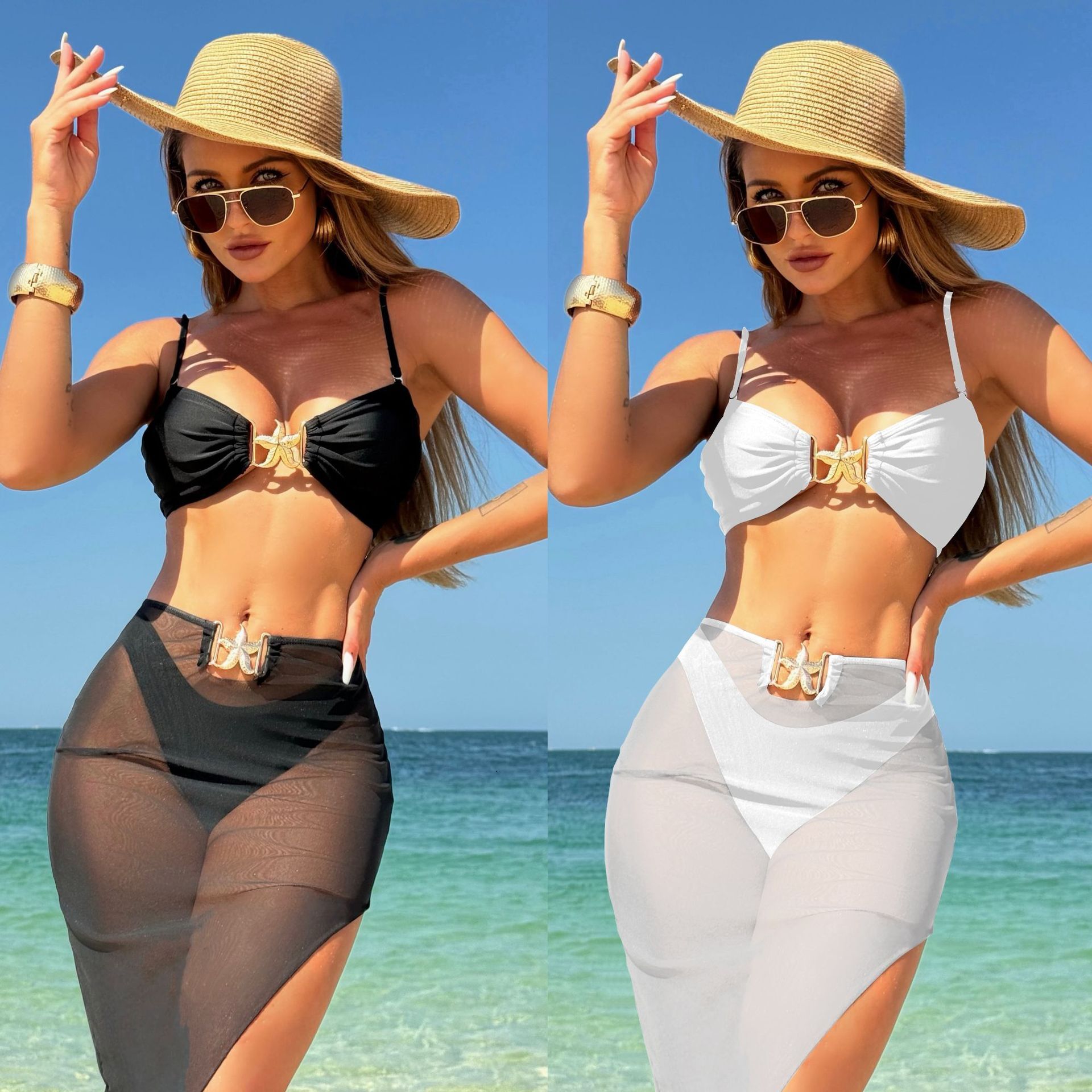 Free shipping 2026 New Style Sexy Solid Color Three-Piece Mesh Long Skirt Swimsuit Bikini