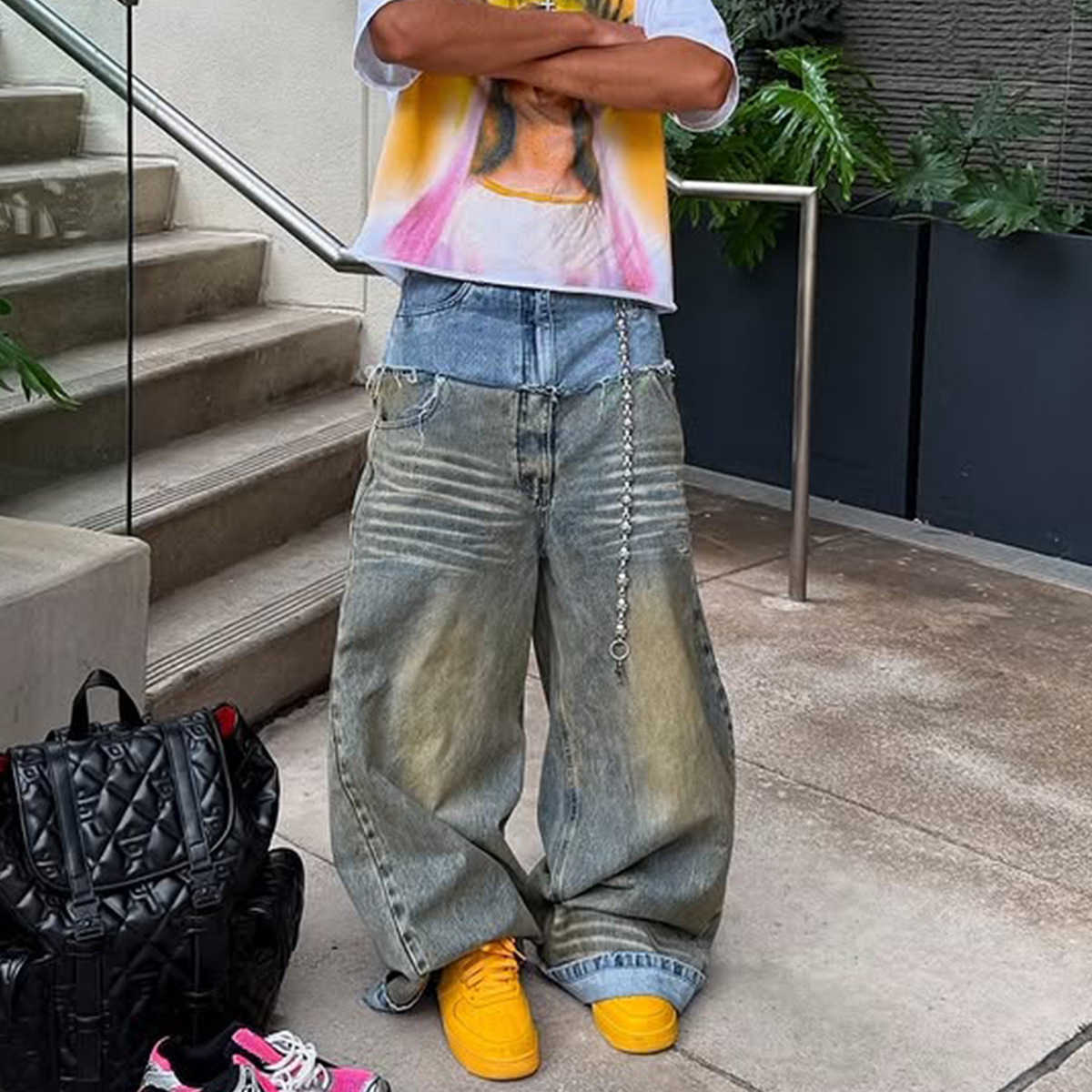 Mens Jeans Double Waistband Hip Hop Jeans Street Style Skateboard Straight Loose Casual Denim Pants Low Waist Jeans Mens Long Trousers Hip Hop Style