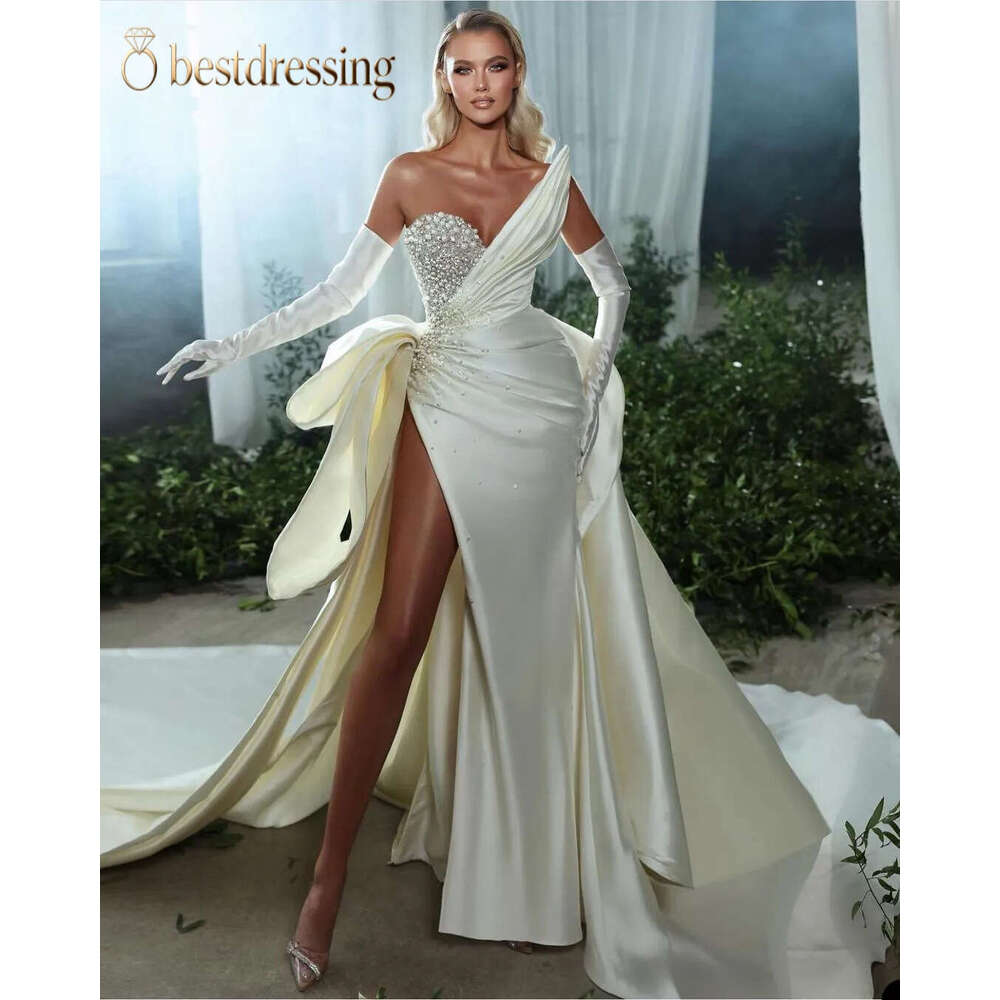 Tube Top Sheath Wedding Dresses Sleeveless Strapless Gowns Appliques Sequins High Side Split Satin Floor Length Petites Plus Size Custom Made Bd612