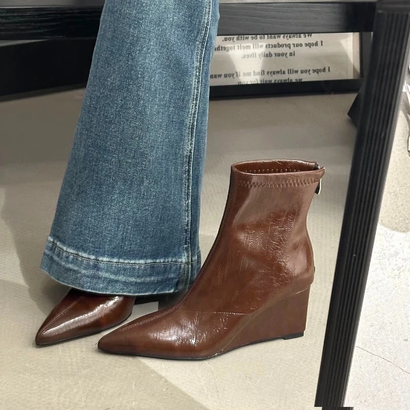 Otoño Invierno Vintage Weges tacón mujer botines moda punta estrecha Zapatos mujer fiesta Stripper botines cortos Zapatos De Muje 260612