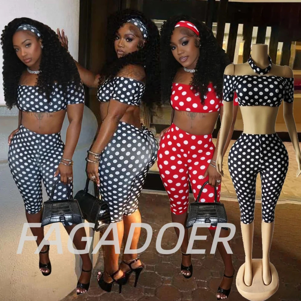 FAGADOER Sexy Polka Dot Print 2 Pieces Set for Woman Off Showlder Sleeveless Backless Crop TopPants Female Streetwear Clothing 260611