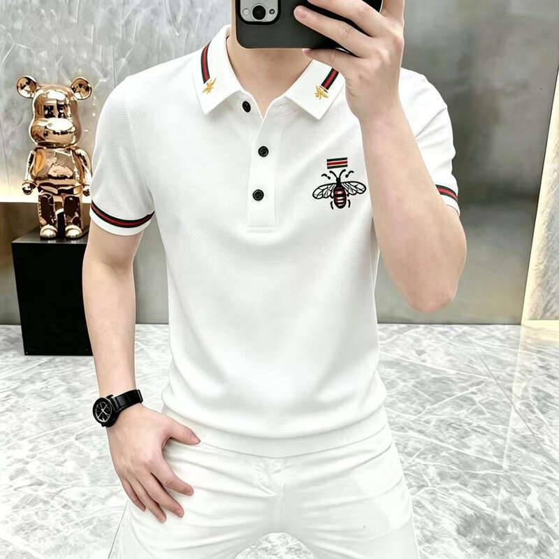 American Retro Bee Embroidery Men's T-Shirt, Summer Trendy Mercerized Cotton Business Short-Sleeve Polo Shirt