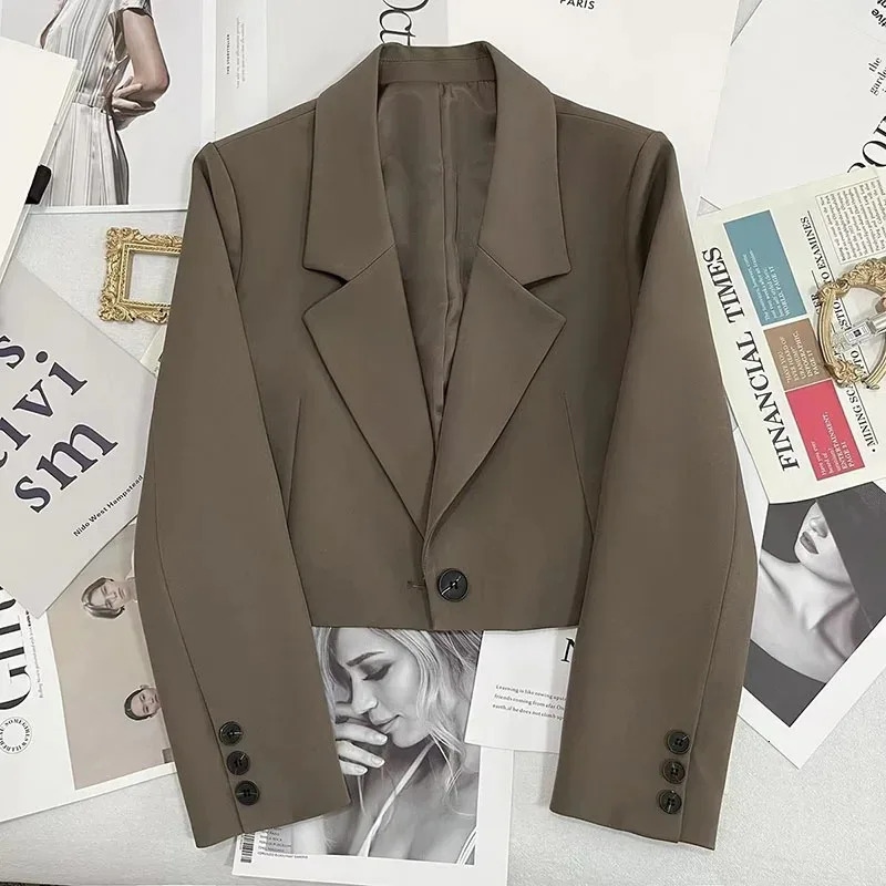 Black Cropped Blazers Woman Trend All-match Notched Collar Crop Jacket Women Korean Chic Single Button Suit Coat 260611