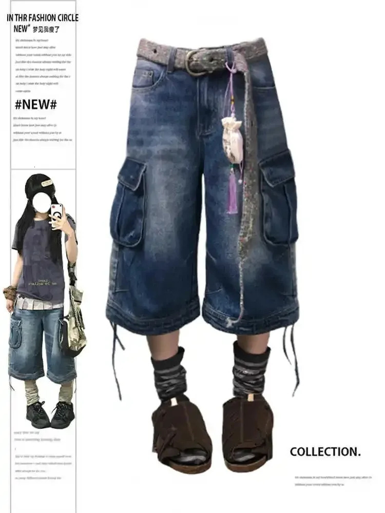 Summer Women American Retro Cargo Jorts Boyfriend Jean Shorts Y2K 2000s Denim CalfLength Pants Japanese Harajuku High Street 260612