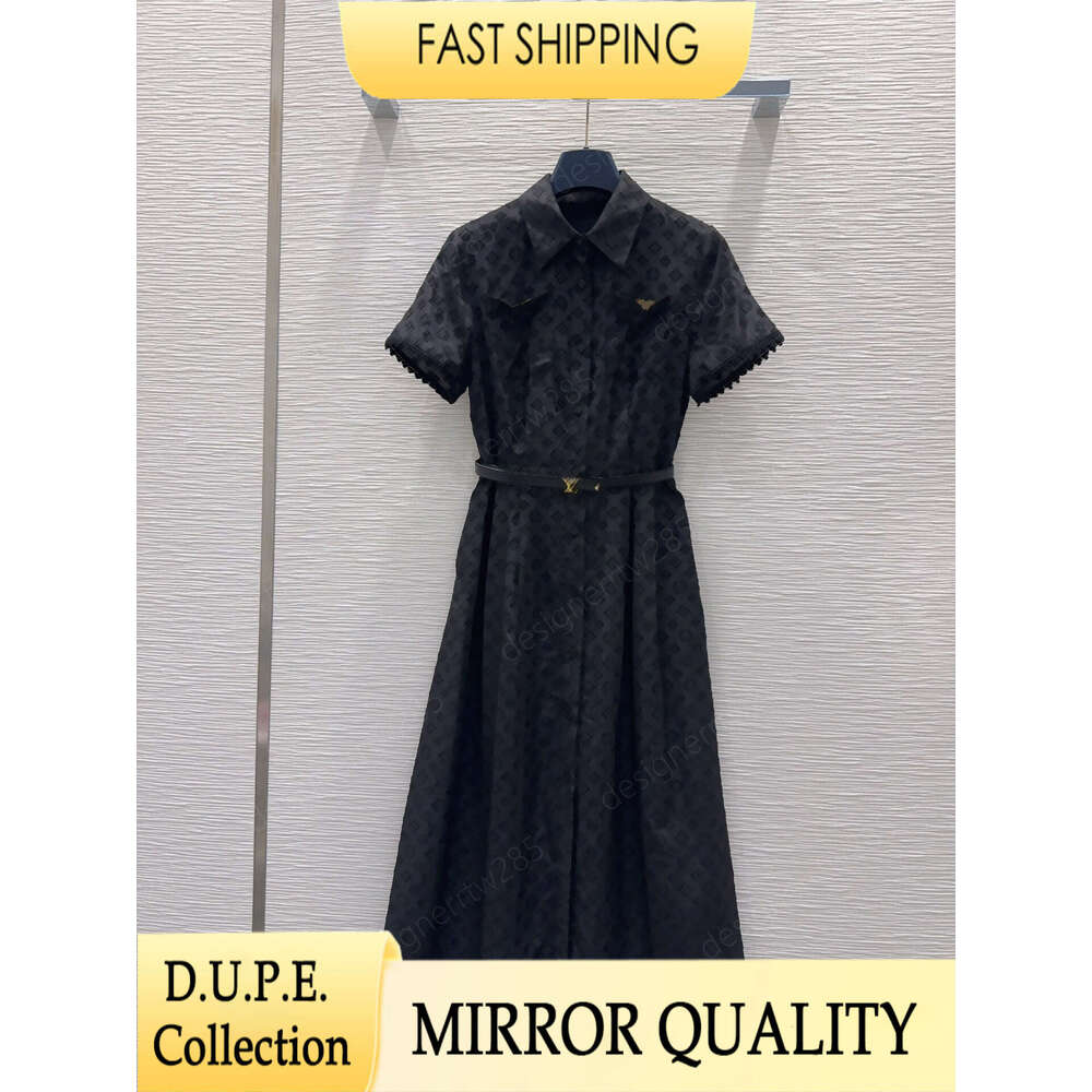 Designer Monogram Shirt Dress Women Black Jacquard Belted Midi Skirt Luxury Brand Style Office Lady Vestido De Festa Camisa Longue-image-1110310575