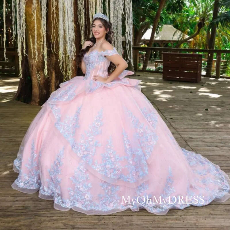 Pink Shiny Quinceanera Dresses Ball Gown Off The Shoulder Applique Lace Beading Crystal Bow Corset Tull Party Birthday Sweet 16 Dress Vestidos 15 De