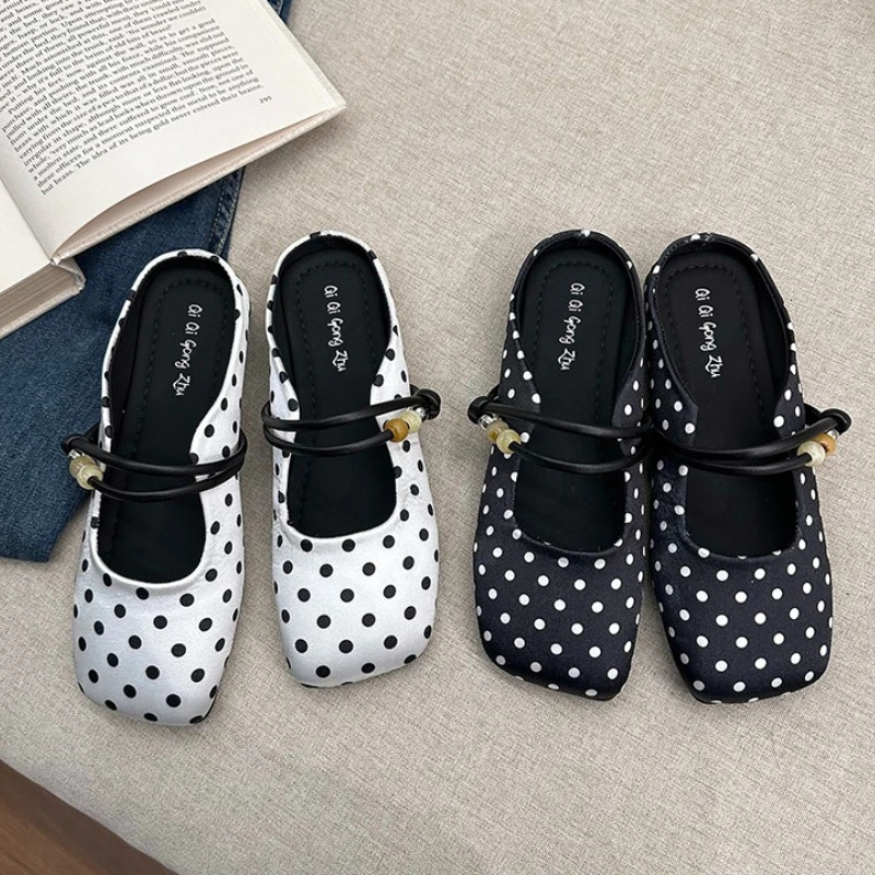 Polka Dot Women Cover Toe Mules Slippers Outdoor Shallow Slip On Flats Slide Ladies Elegant Spring Summer Slingbacks Dress Shoes 260612