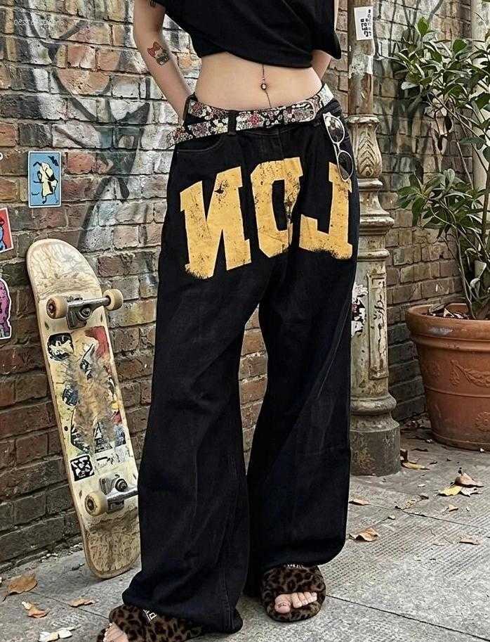 Mens Jeans Harajuku Retro Y2K LDN Letter Print Mens And Womens Loose Wide Leg Casual Oversized Street Hip Hop Black Q260612