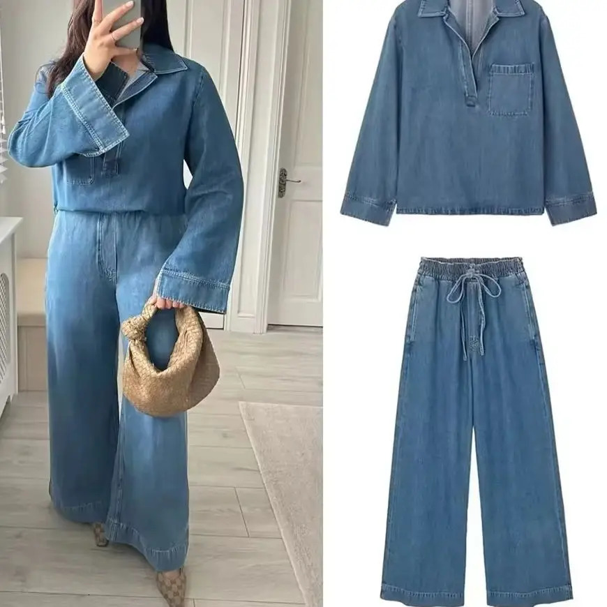 KONDALA Fall Winter Casual Denim Women Suits Fashion Vintage Turn-down Collar Pocket Shirts Chic Drawstring Wide Leg Pants 260608