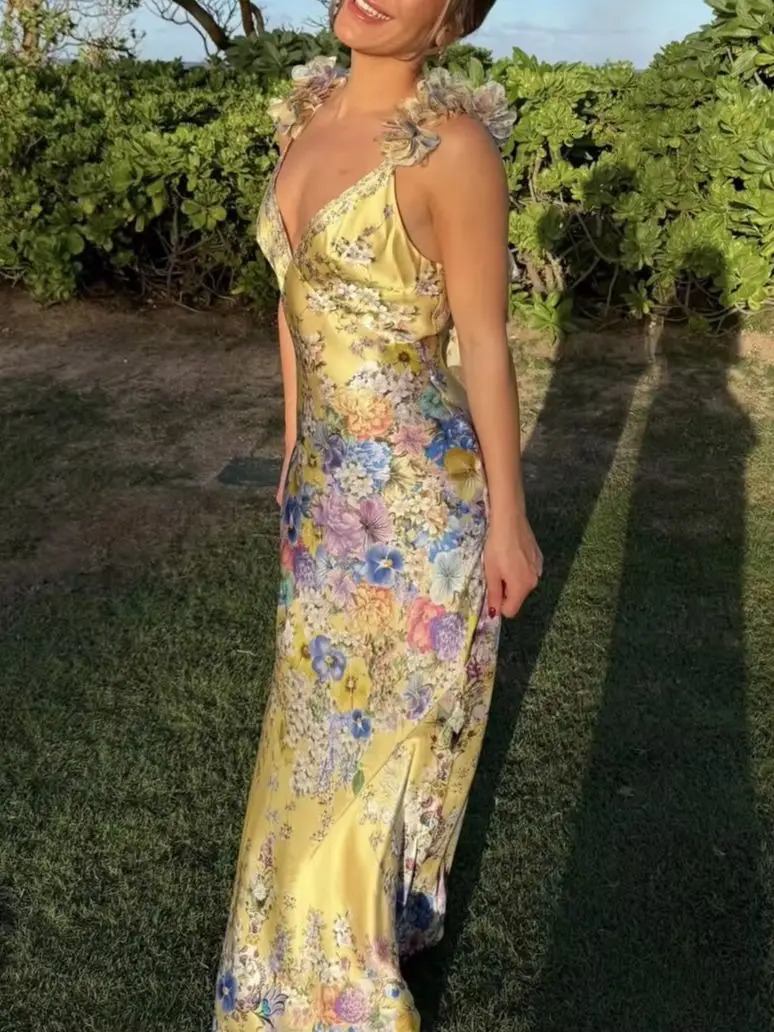 100 Silk Women Floral Print Sling Robe VNeck Sleeveless High Waist Elegant Slim Yellow Maxi Dress 260611
