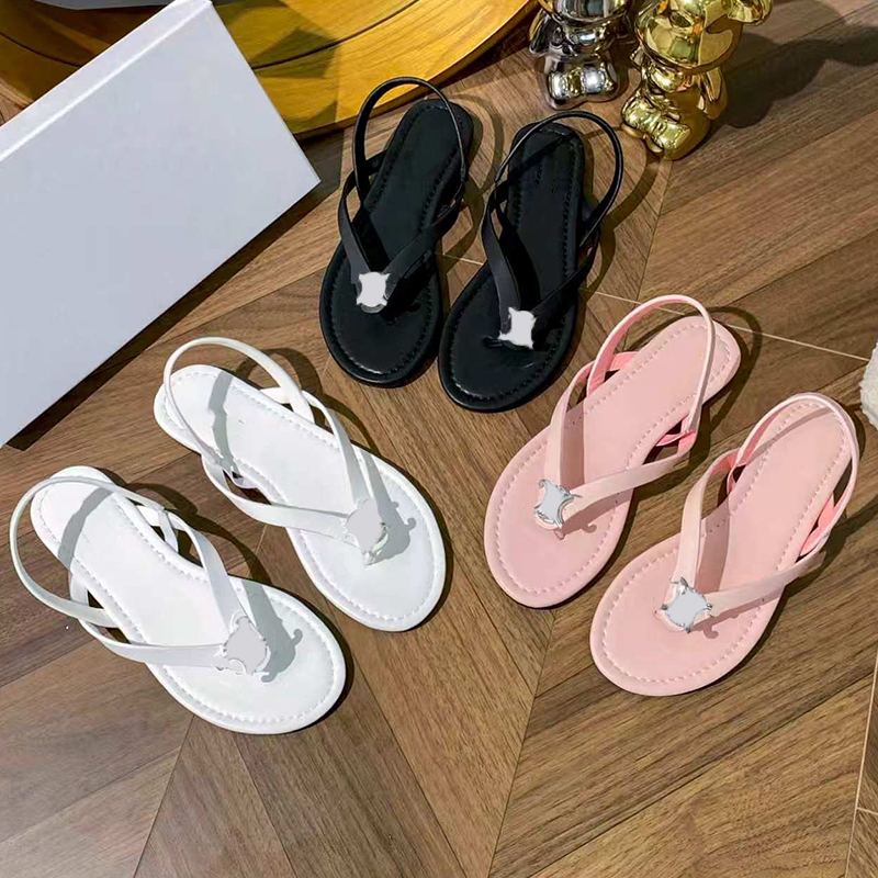 Womens Calfskin Biki Sandal Designer Almond Toe Shape Thong Slippers Ladie Fashion Classic Black White Pink Flip Flops Shoes Size 35-41