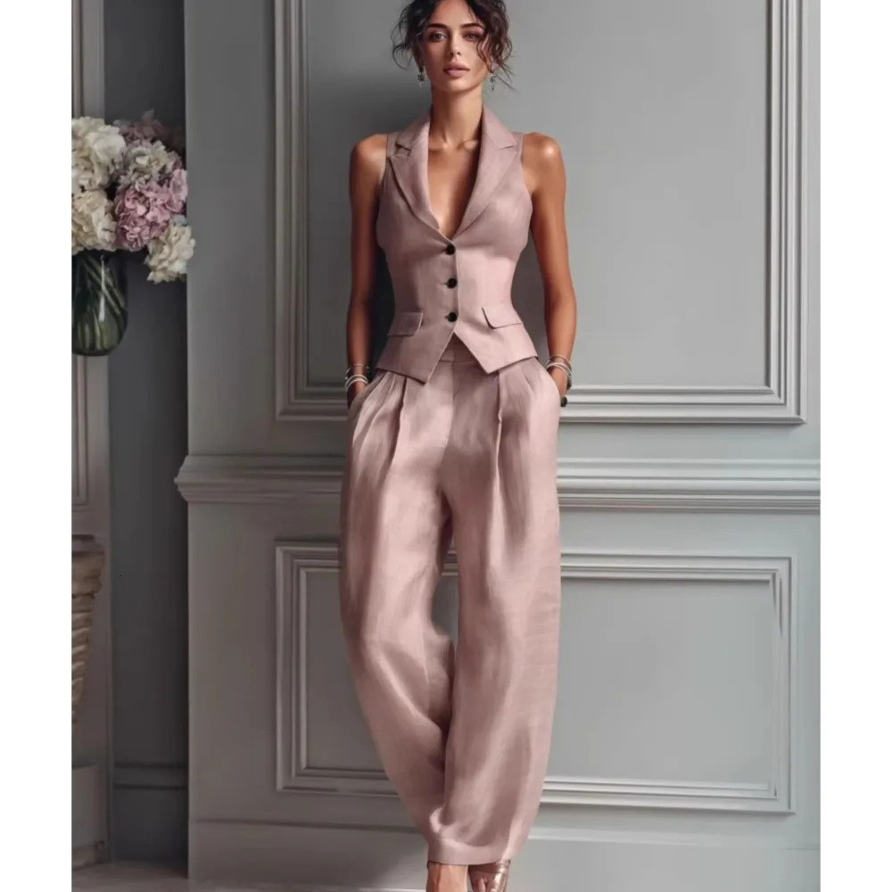 2026 Summer Fashion Single-breasted Sleeveless Top Trousers 2-piece Set Womens Slim Vest Suit Collar Trousers Office Suit 260610