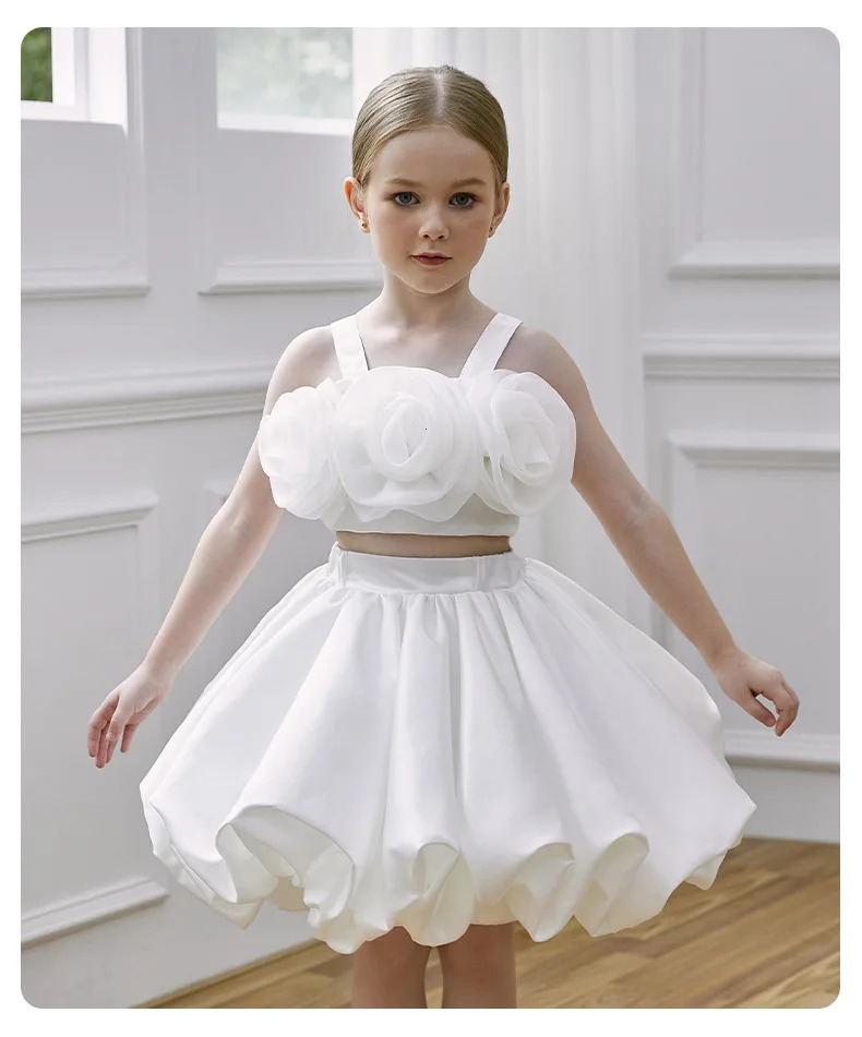 Two Pieces White Flower Girl Dresses Birthday Wedding Party Gown Kids Princess Sleeveless Knee Length Prom Dress for Girls 260611