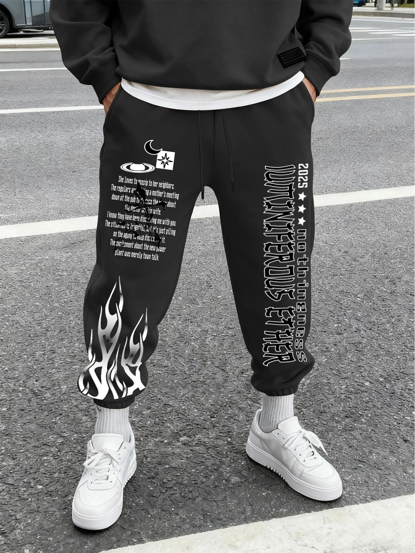 Men Retro Gothic Vertical Letter Flame Planet Graphic Joggers Elastic Cuff Cozy Loose Fit Urban Casual Street Sweat Pants 260612