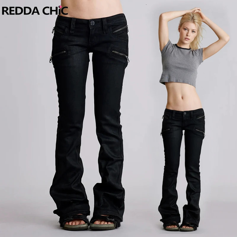 REDDACHIC Jeans attillati a vita bassa da donna Biker Moto Polsini con cerniera Pantaloni elasticizzati in denim dritto diviso nero Rokku Gyaru Stre