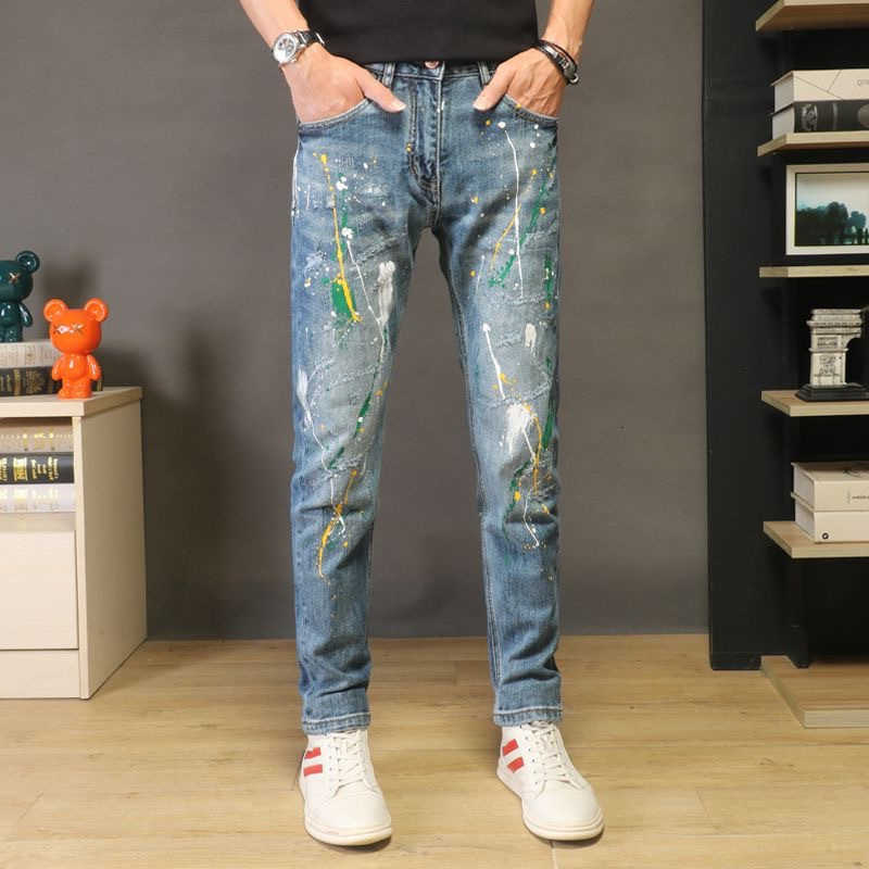 Star Trousers Man Cowboy Pants Elastic Mens Jeans Stretch Light Blue with Print Clothes Y2k 2000s Spring Autumn Washed S260612