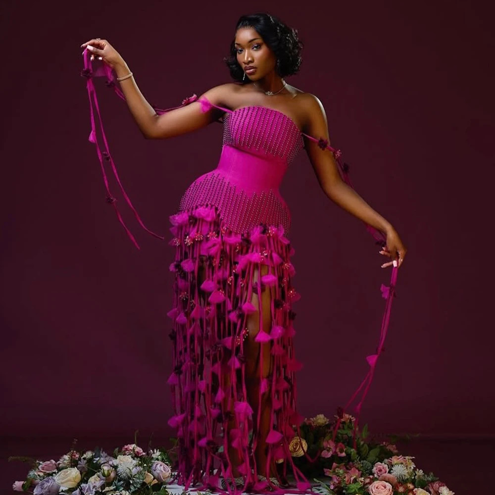 Pink y Birthday Dresses Flowers Pearls Tassel Nigeria Graduation Cocktail Party Evening Prom Pageant Gowns Customized 260611